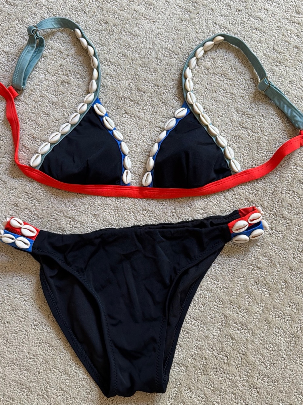 Black Shell-Trim Bikini Set with Red & Blue & Green Accent